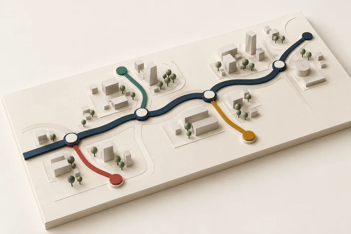 An architectural model of connected routes, illustrating how business operations join one system.
